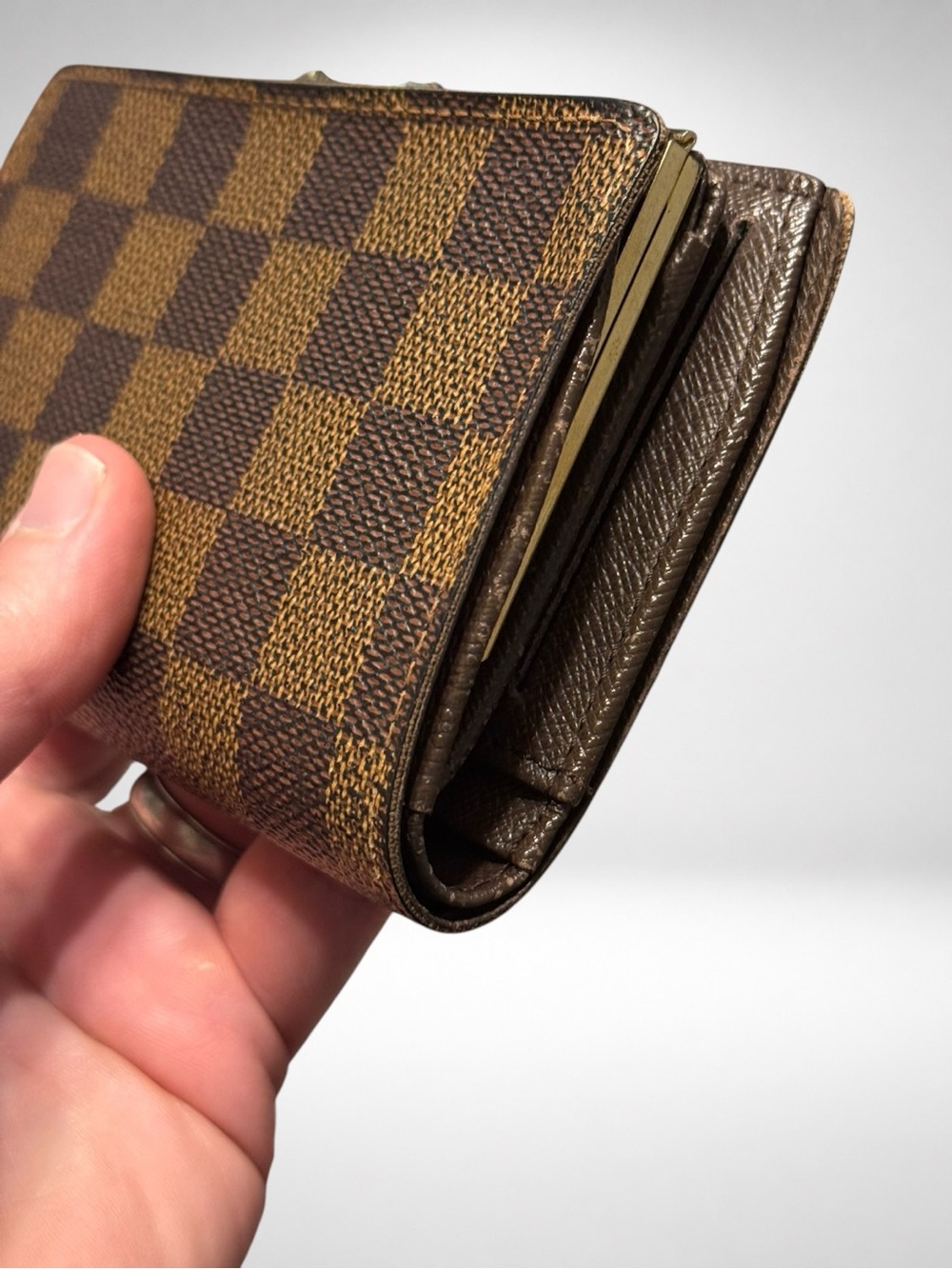 Louis Vuitton Authentic Damier Ebene French Purse Bifold Wallet Kiss Lock Brown - Picture 10 of 16